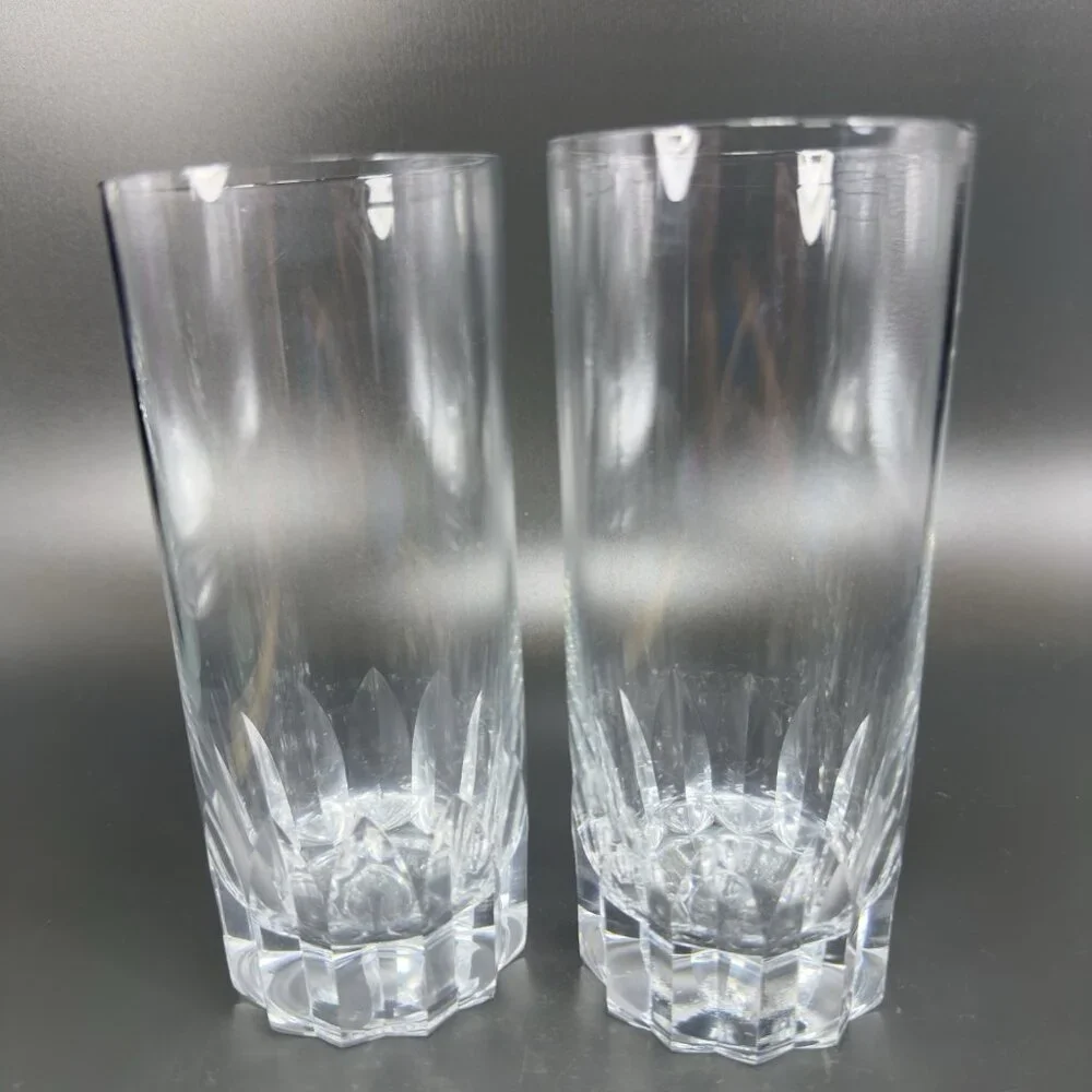 Vintage French Tall Tumblers Cups Barware Set 2 Glasses Cut Bottom Design VTG‎